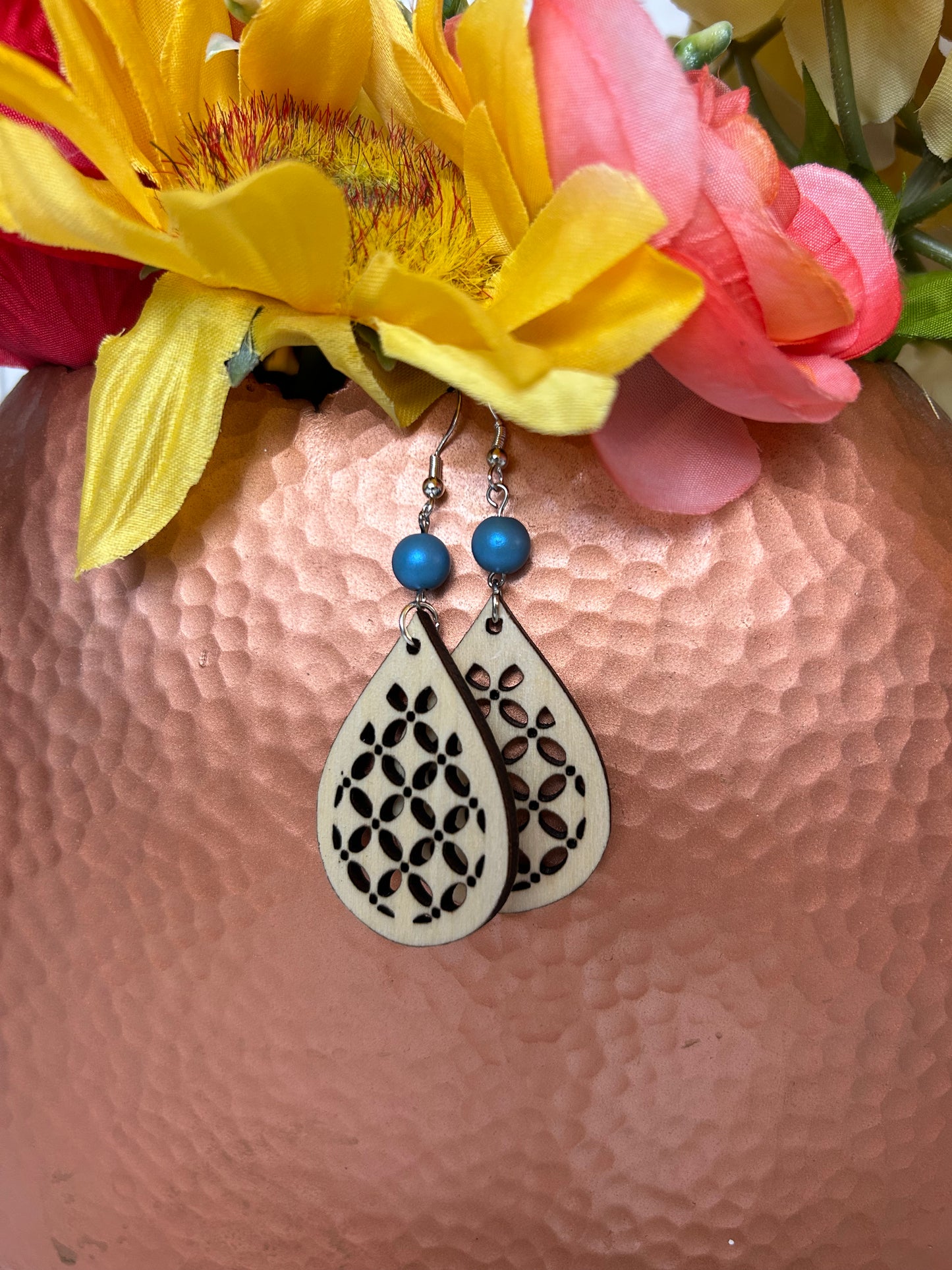 Patterned Wood Tear Drop Earrings